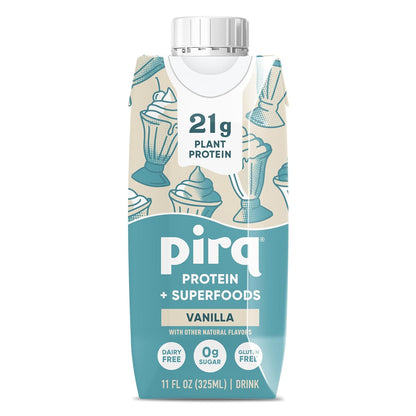 Pirq, 21g Dairy Free Protein Shake, 25 Superfoods, 0g Sugar, Plant-Based Protein Drink, Gluten-Free, Vegan, Kosher, Keto, Low Carb, Low Calorie (12 Pack) (Vanilla)