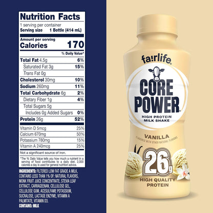 Core Power Fairlife 26g Protein Milk Shakes, Ready To Drink for Workout Recovery Liquid, Vanilla, 14 Fl Oz Bottle, kosher (Pack of 12)