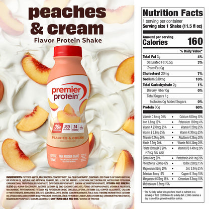 Premier Protein 30g High Protein Shake, Peaches & Cream, 12 Pack