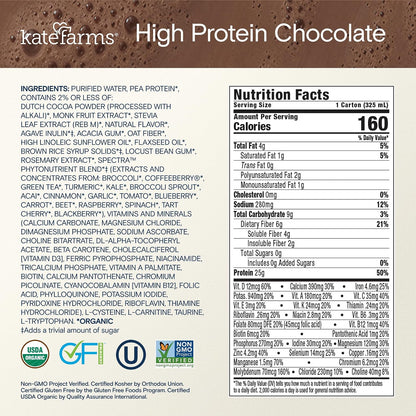 KATE FARMS Organic High Protein Chocolate Shake, 25g Protein, 12 Pack